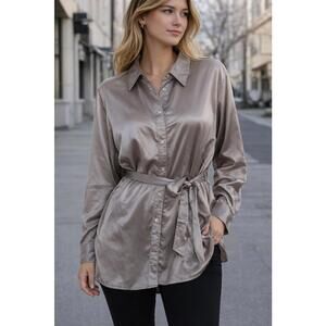 Ashley Stewart Silk Blend Button Down Blouse Belted Stretch Top Size 16